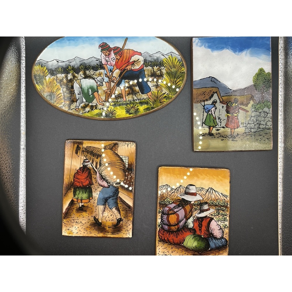 4 Vtg. Peruvian Hand Painted Reverse Glass South American Folk Art-2 Signed Jaca